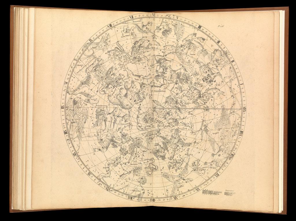 Image of old book containing a double page spread showing a hand drawn planisphere