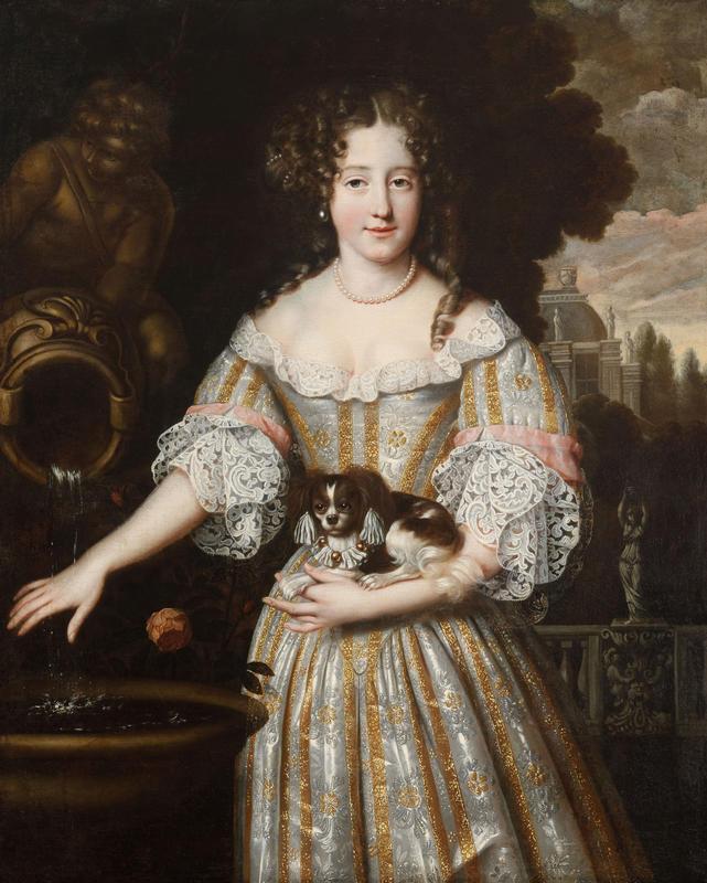 Portrait of woman from 1760, dressed in fine dress, with small puppy in her arm