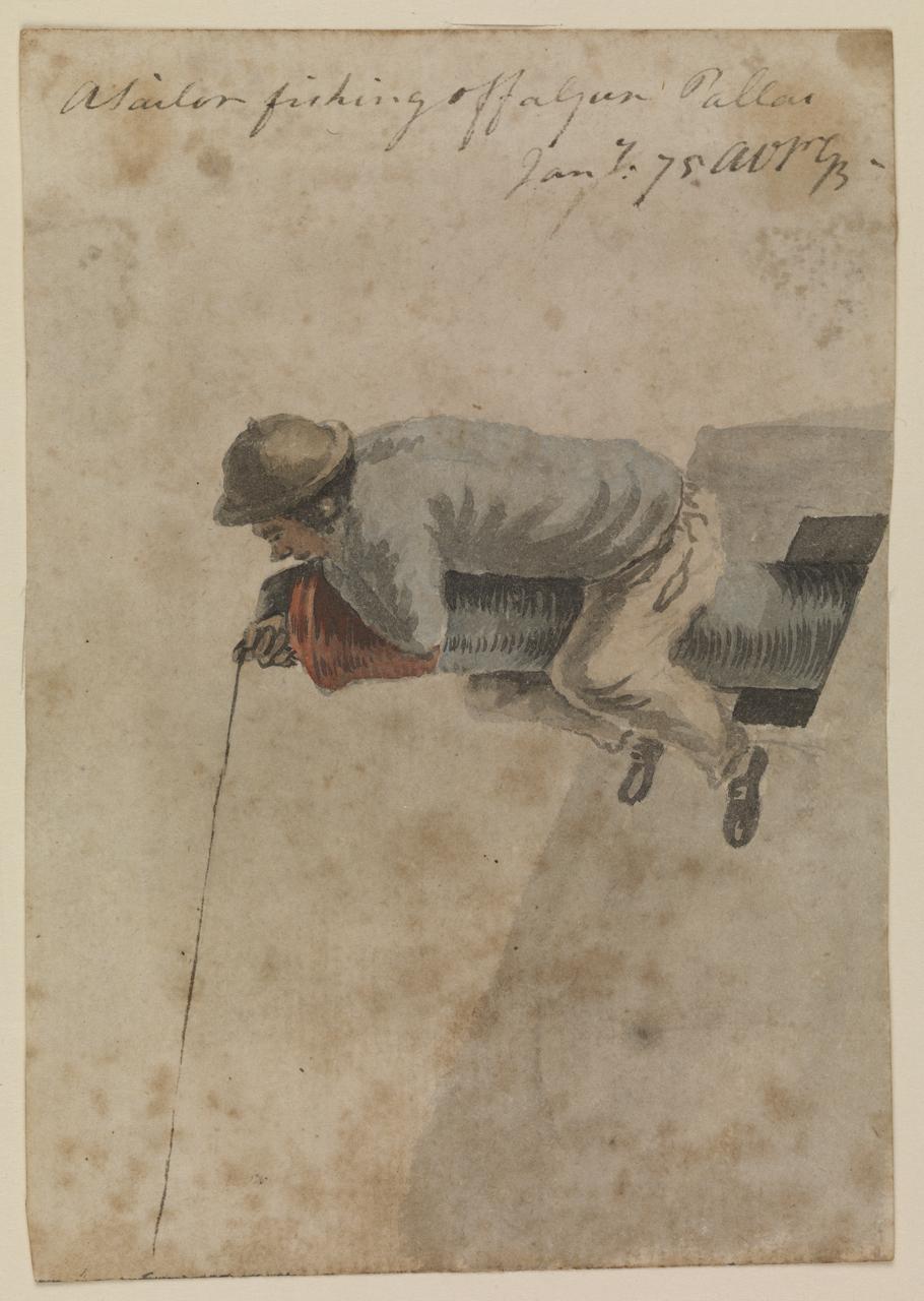 'A Sailor fishing off a gun [on the] Pallas' [Bray album] © National Maritime Museum, Greenwich, London.