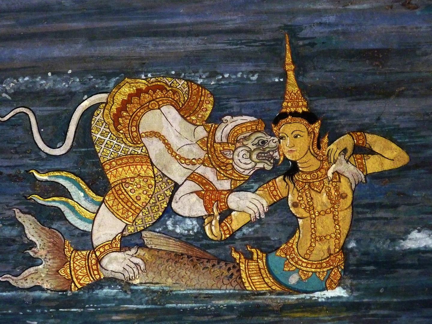Ramakien Murals depicting the hero Hanuman meeting the mermaid Suvannamaccha, Wat Phra Kaew, Bangkok, Thailand (Ramakien Murals depicting the hero Hanuman meeting the mermaid Suvannamaccha, Wat Phra Kaew, Bangkok, Thailand (1831)