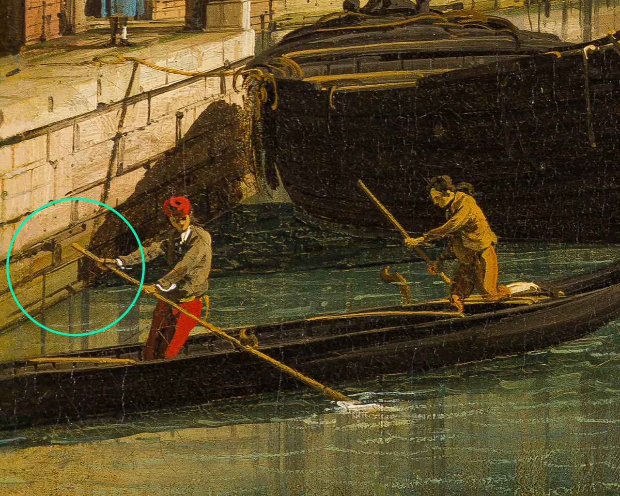 A close-up of a painting by Canaletto showing a line of green algae on the wall facing the Grand Canal in Venice