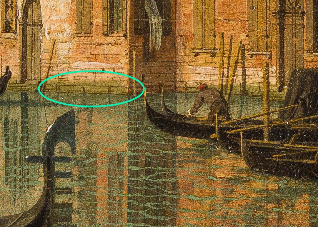 A close-up view of a painting by Canaletto, with a green circle pointing out the algae stains on the side of a building