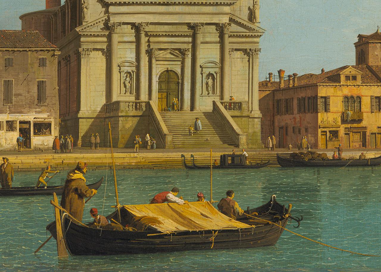 A close-up view of a painting by Canaletto, showing a barge on a canal in Venice with a church in the background