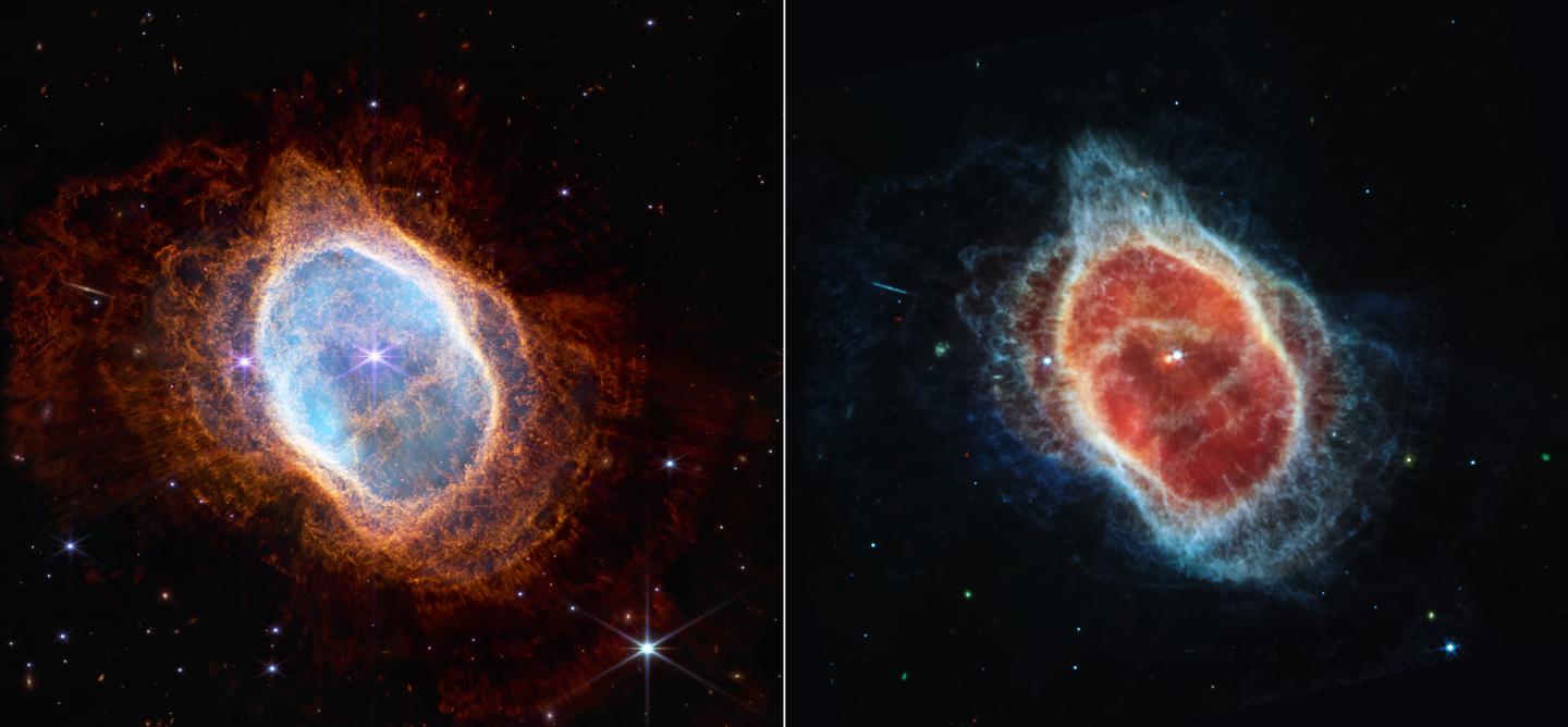 Two different photos of the Southern Ring Nebula side by side, taken by the NASA James Webb Space Telescope