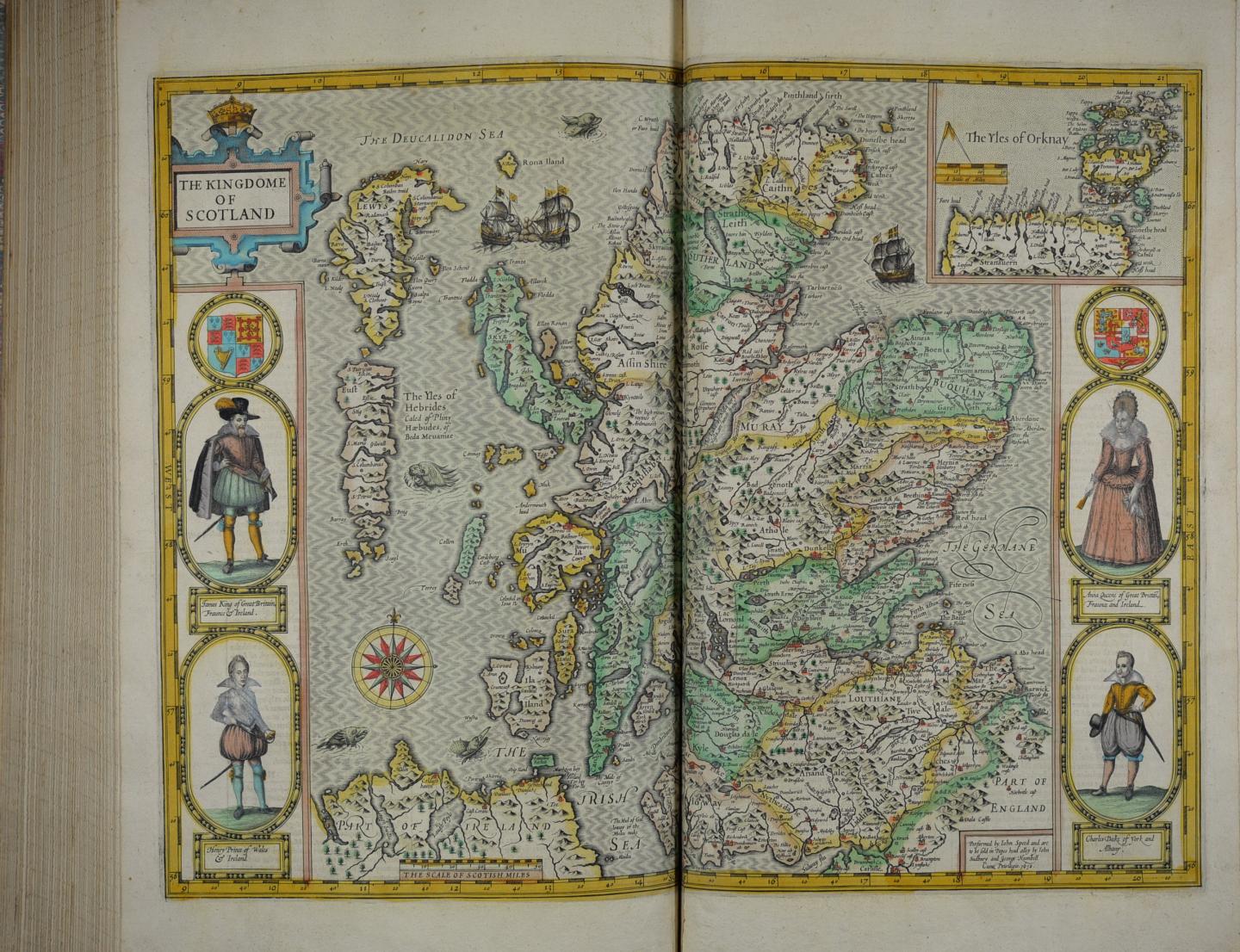 A historical map of Scotland decorated with portraits of James VI & I, Queen Anne and Princes Henry and Charles