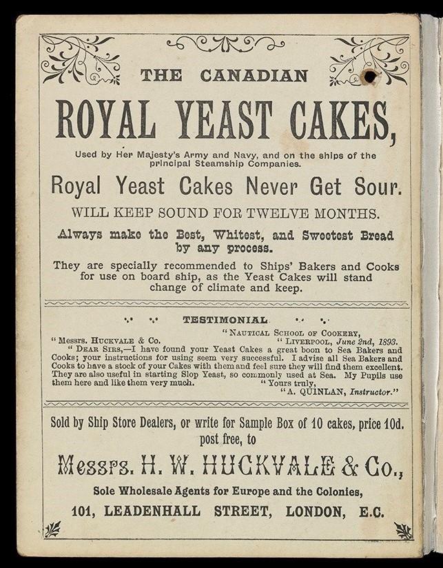 Advertisement in Cookery for Seamen for Canadian Royal Yeast Cakes