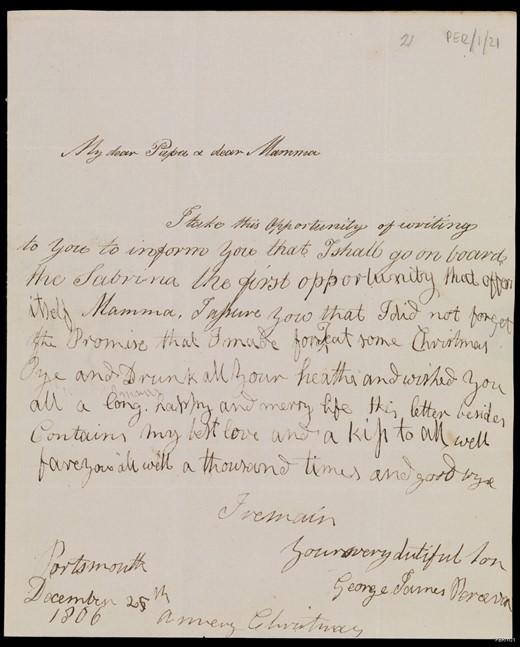 A letter from Admira, Sir George James Perceval, 6th Earl of Egmont in 1806, to his parents