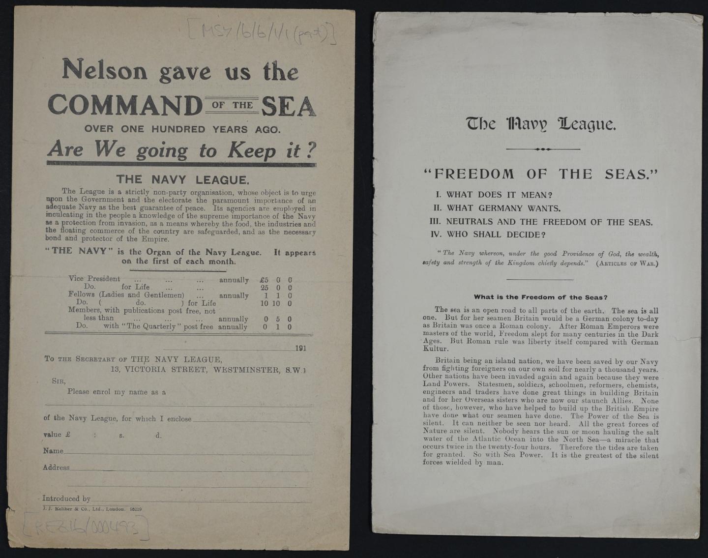 Pamphlets issued by the Navy League during First World War
