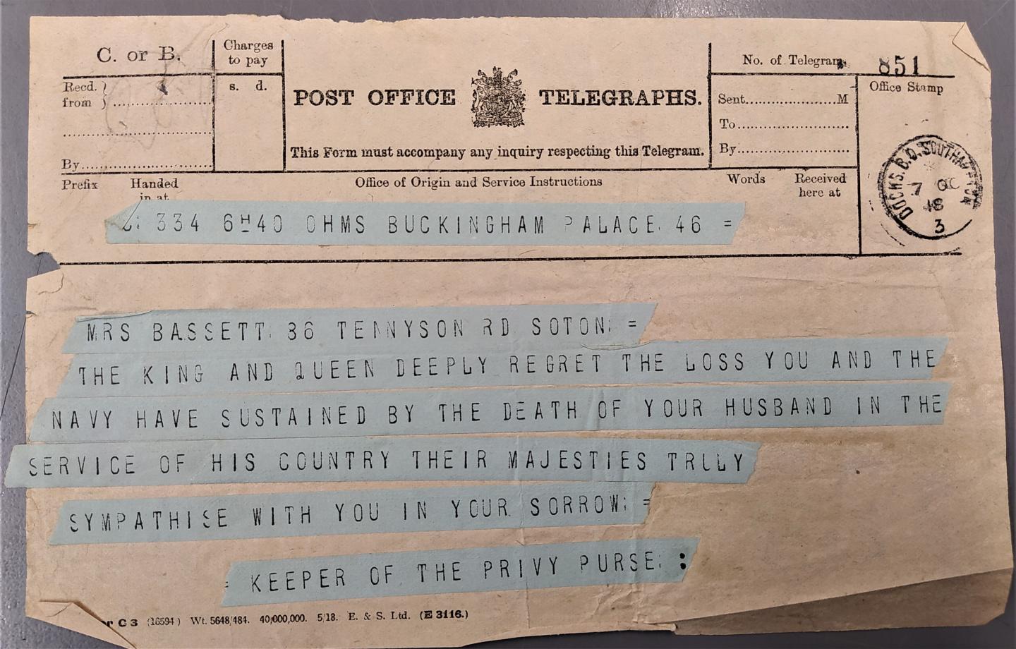 Telegram from Buckingham Palace sent to widow of Thomas Bassett
