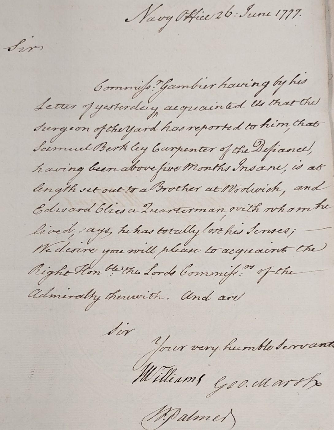 Commissioner Gambier report on Samuel Berkley 1777