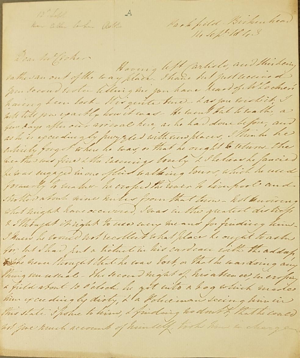Letter from Eleanor Locker to John Wilson Croker, secretary of the Admiralty 1809-1830