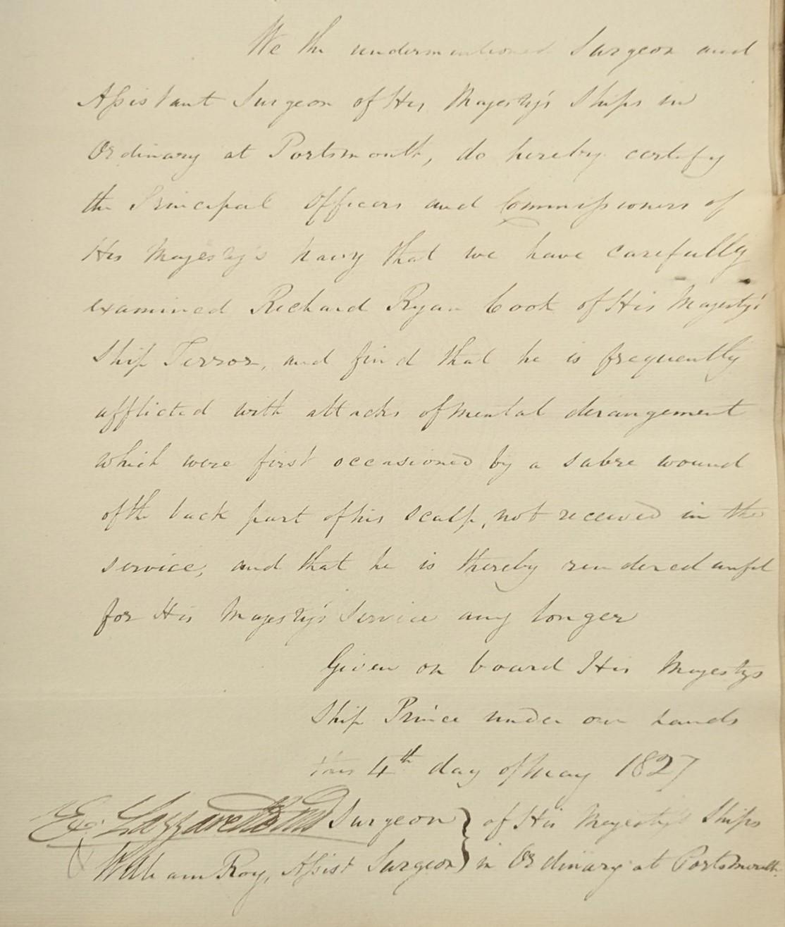 Surgeon report on Richard Ryan, 1827