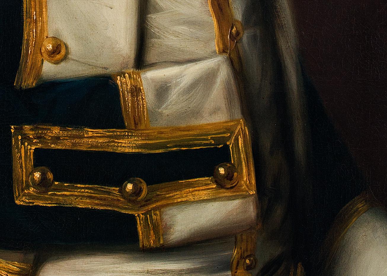 A close-up view of a painting of a naval officer with a missing arm, showing how the empty sleeve has been buttoned on to the commander's waistcoat