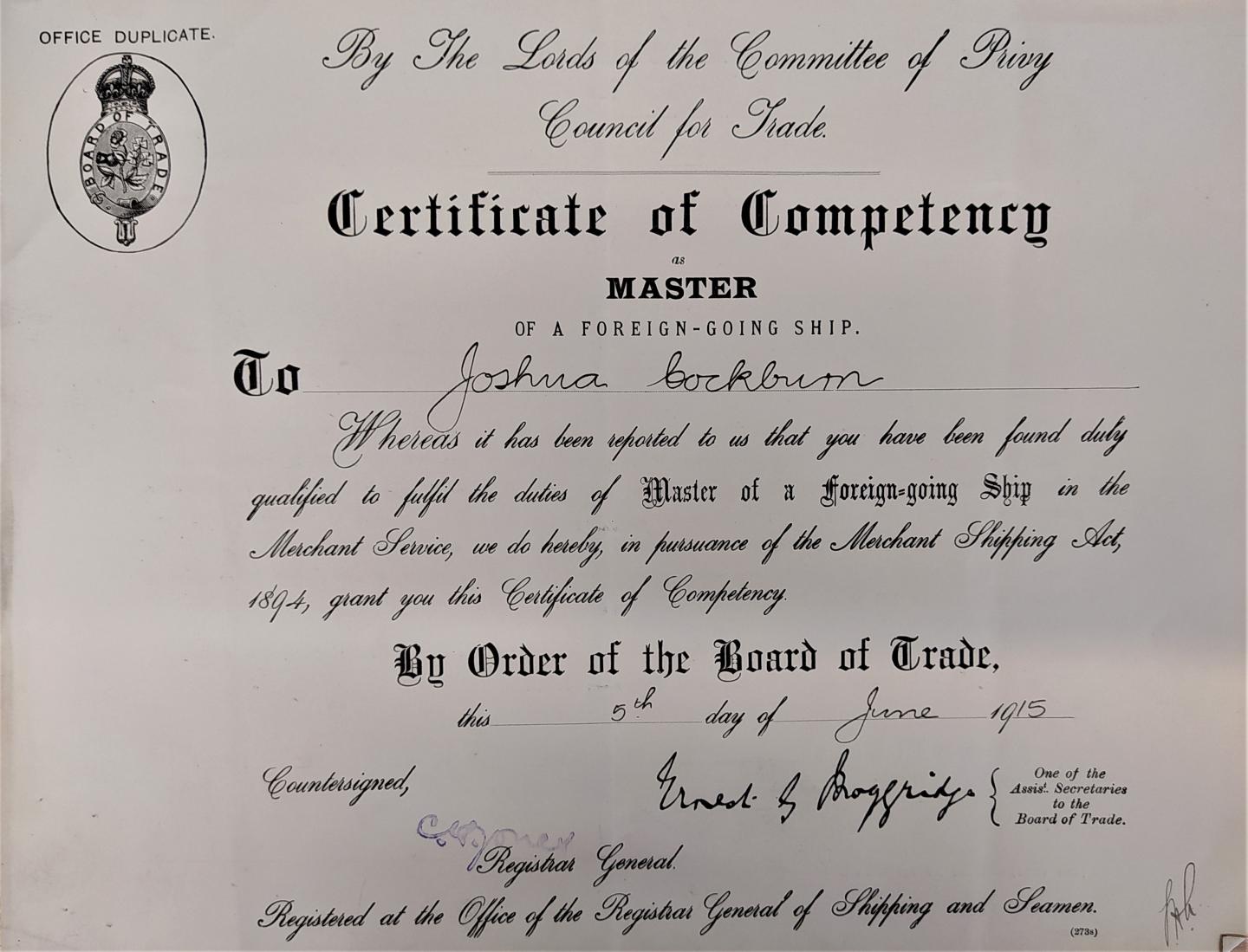 Joshua Cockburn master's certificate