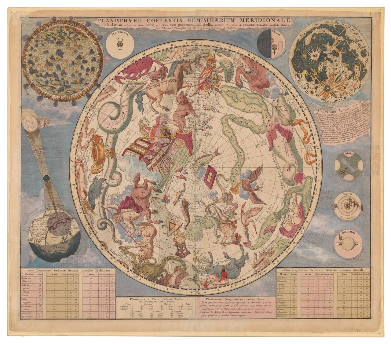 Image of a vivid planisphere, showing the constellations in a large circle with illustrations of snakes, people, fish etc to represent the constellations