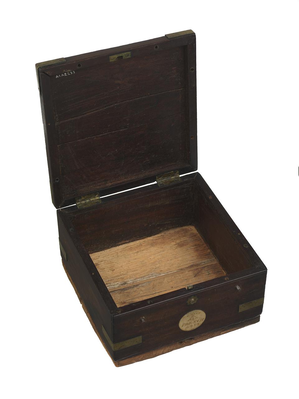 Image of a small square mahogany box with its lid open