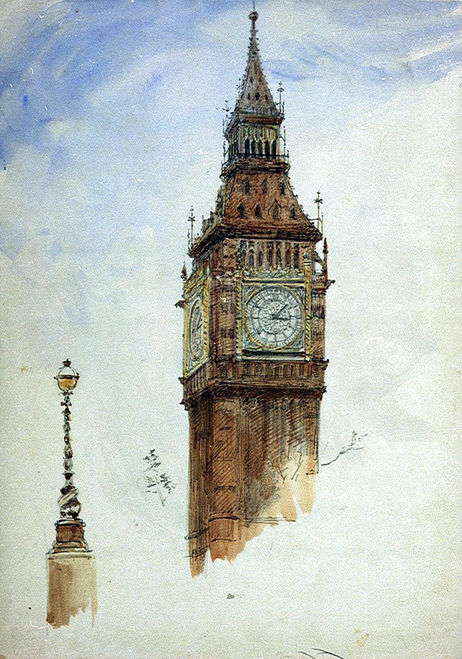 Watercolour of Big Ben clock in Westminster and a lamppost