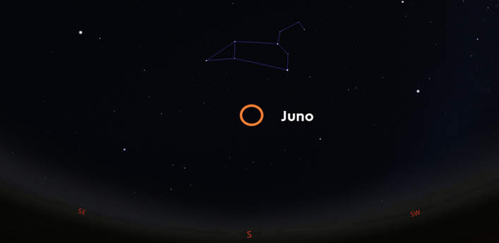 Diagram showing the position of Juno in the night sky, next to the constellation of Leo