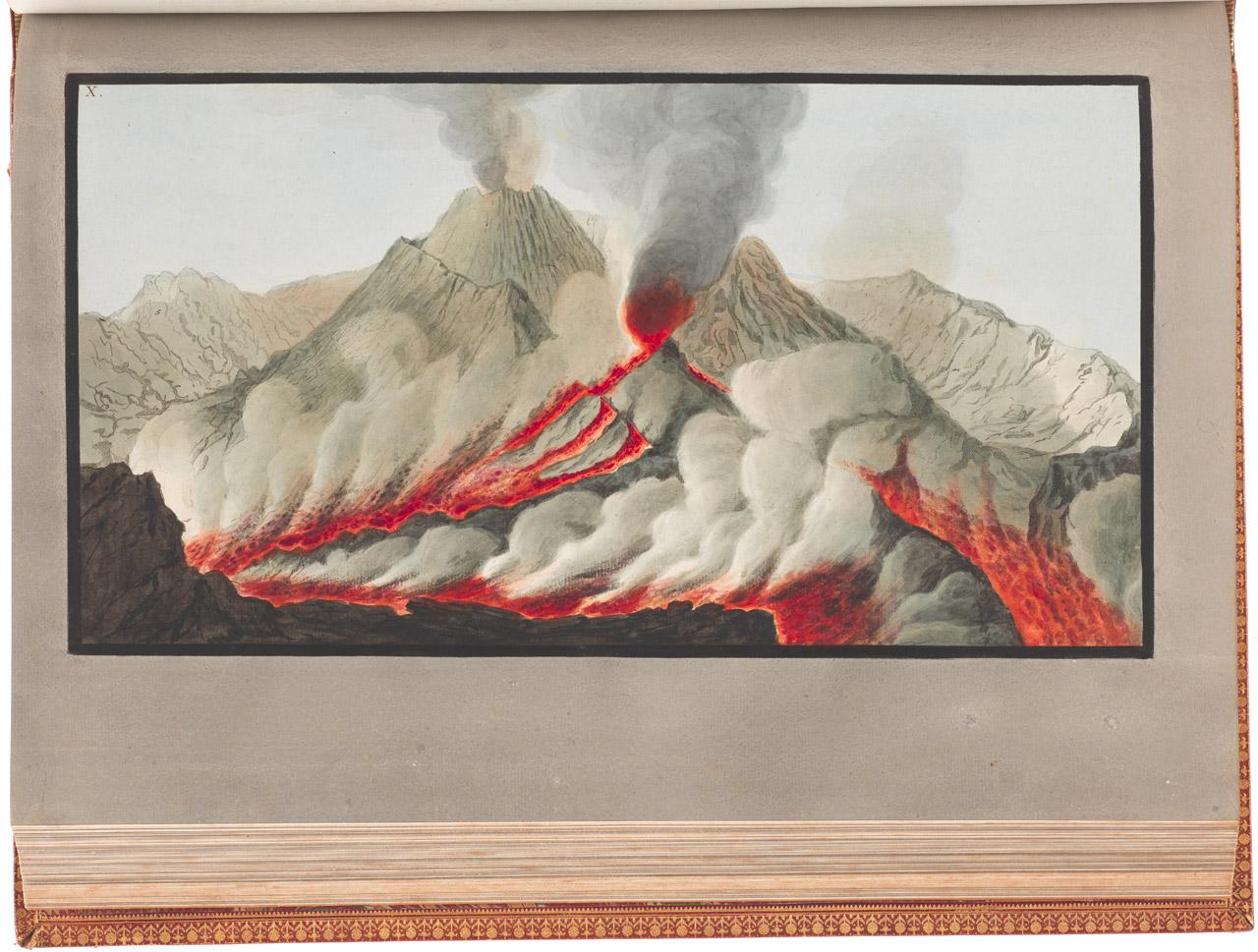 A colour drawing of a volcanic eruption taken from Hamilton's Campi Phlegraei 