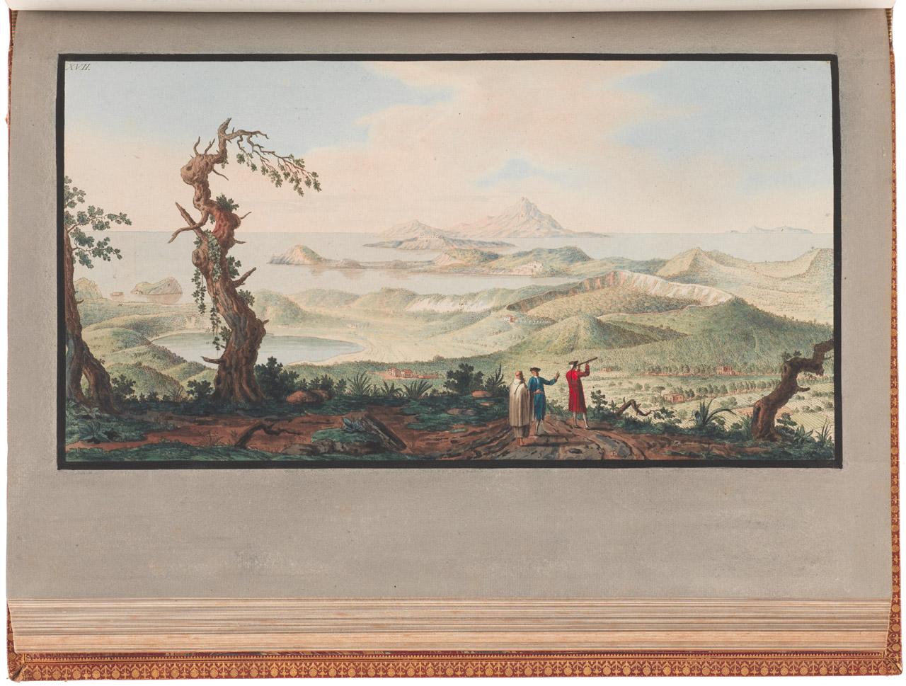 Plate XVII from Campi Phlegraei showing a bird’s eye view from the Convent of the Camaldoli. Three men survey the scene below, with one looking through a telescope..