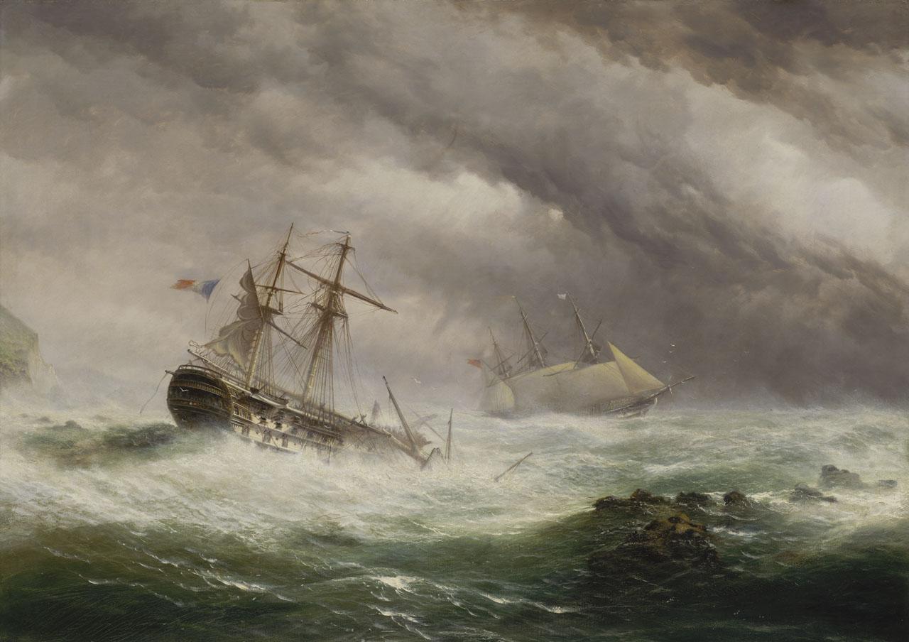 Painting of two boats afloat on a stormy sea with a grey sky above them