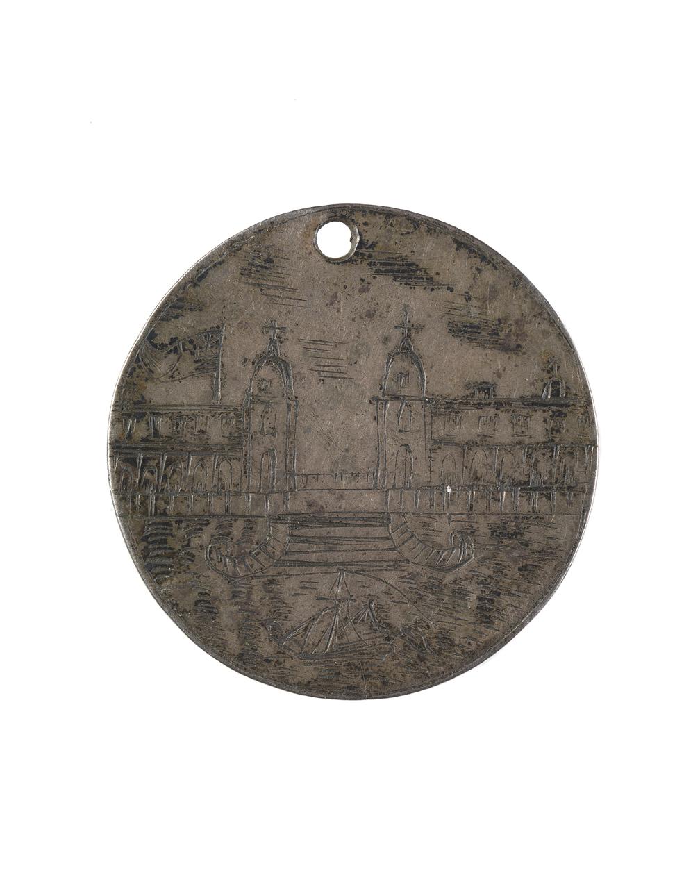 A metal token, on the obverse incised with crude view of the Old Royal Naval College (then, the Greenwich Hospital) from the Thames, the reverse reads 'Jn Resley, Greenwich School 1782'.