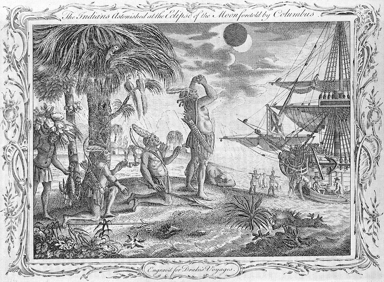 Christopher Columbus's voyage. The Indians astonished at the Eclipse of the Moon foretold by Columbus. Engraved for Drake's Voyages