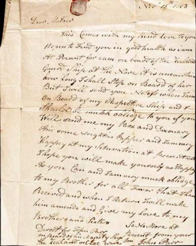 First letter home of John Parr, November 1803. Repro ID: D9913_7