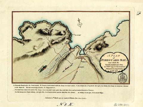 A plan of Fishguard Bay near which the French landed 1200 men 22nd Feby 1797 & surrendered prisoners to Lord Cawdor on the 24th. Published 20 March 1797 by Laurie and Whittle, Fleet Street, London. NMM Maps & Charts reference: G297:61/1.