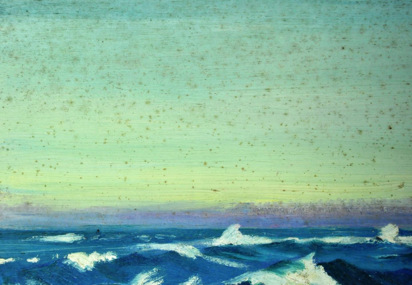 Brown mould spots in the sky of an oil painting on paper by John Everett (BHC2191) before treatment
