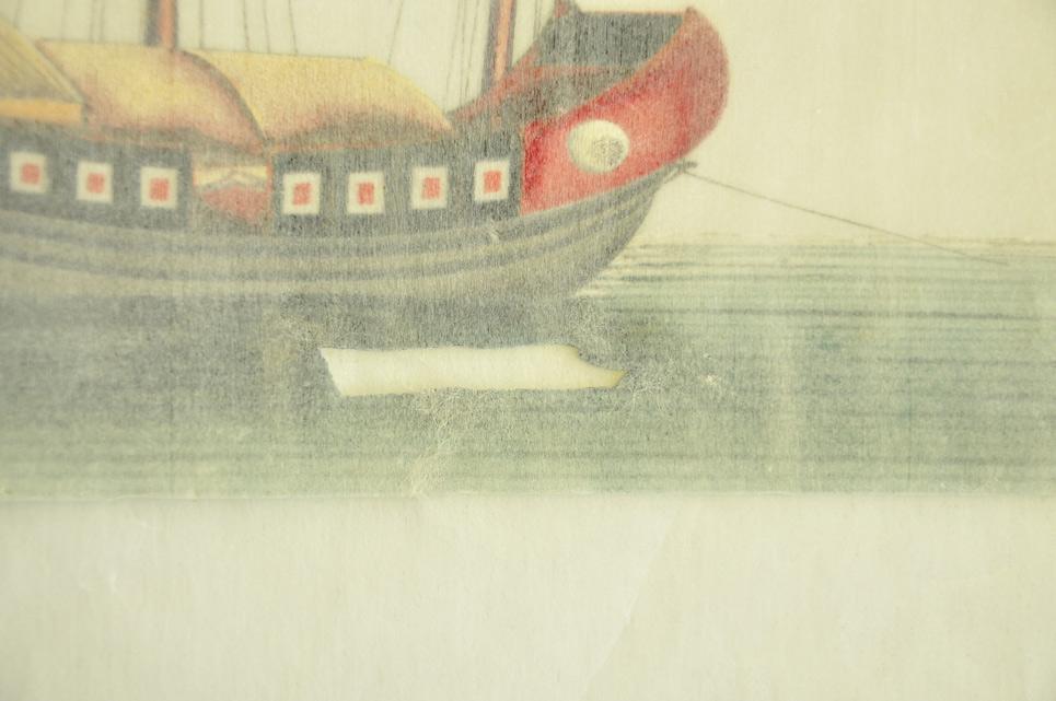 Chinese pith paintings - Detail of the verso after repairs with Japanese paper fibres and a thin starch paste