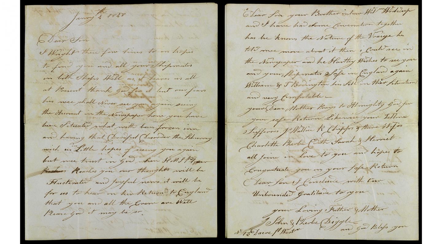 Letter to John Diggle cook on board HMS Terror from his parents