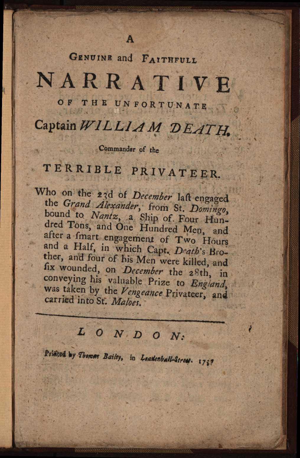 Title page of A genuine and faithfull narrative of the unfortunate Captain William Death by Joseph Hart