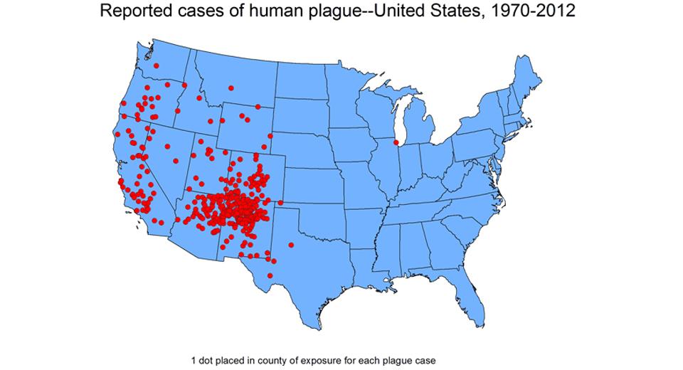 CDC map charting recorded occurrences of plague in the USA