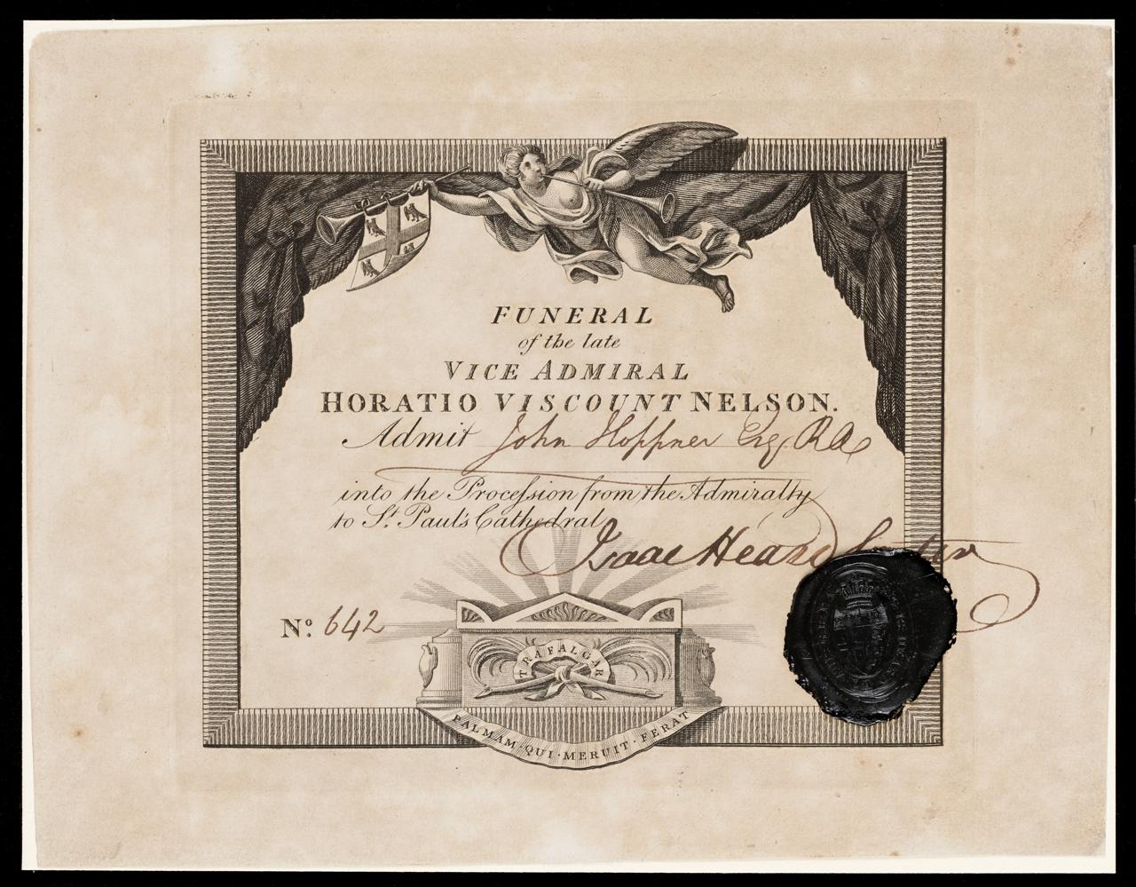 Funeral ticket signed by Sir Isaac Heard 