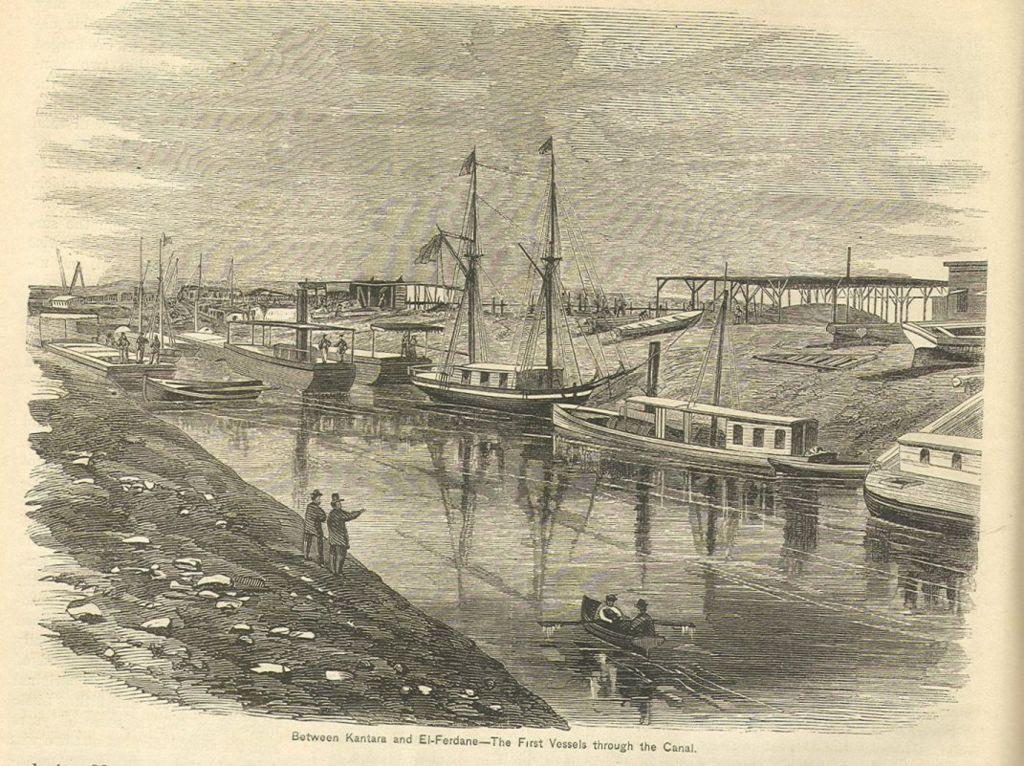 Suez Canal, between Kantara and El-Fedane. The first vessels through the Canal. 19th century image.