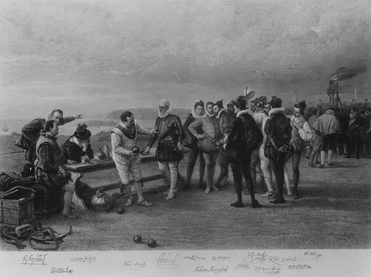 Drake playing bowls on Plymouth Hoe, as the Spanish Armada is sighted (PAJ2845, © NMM)