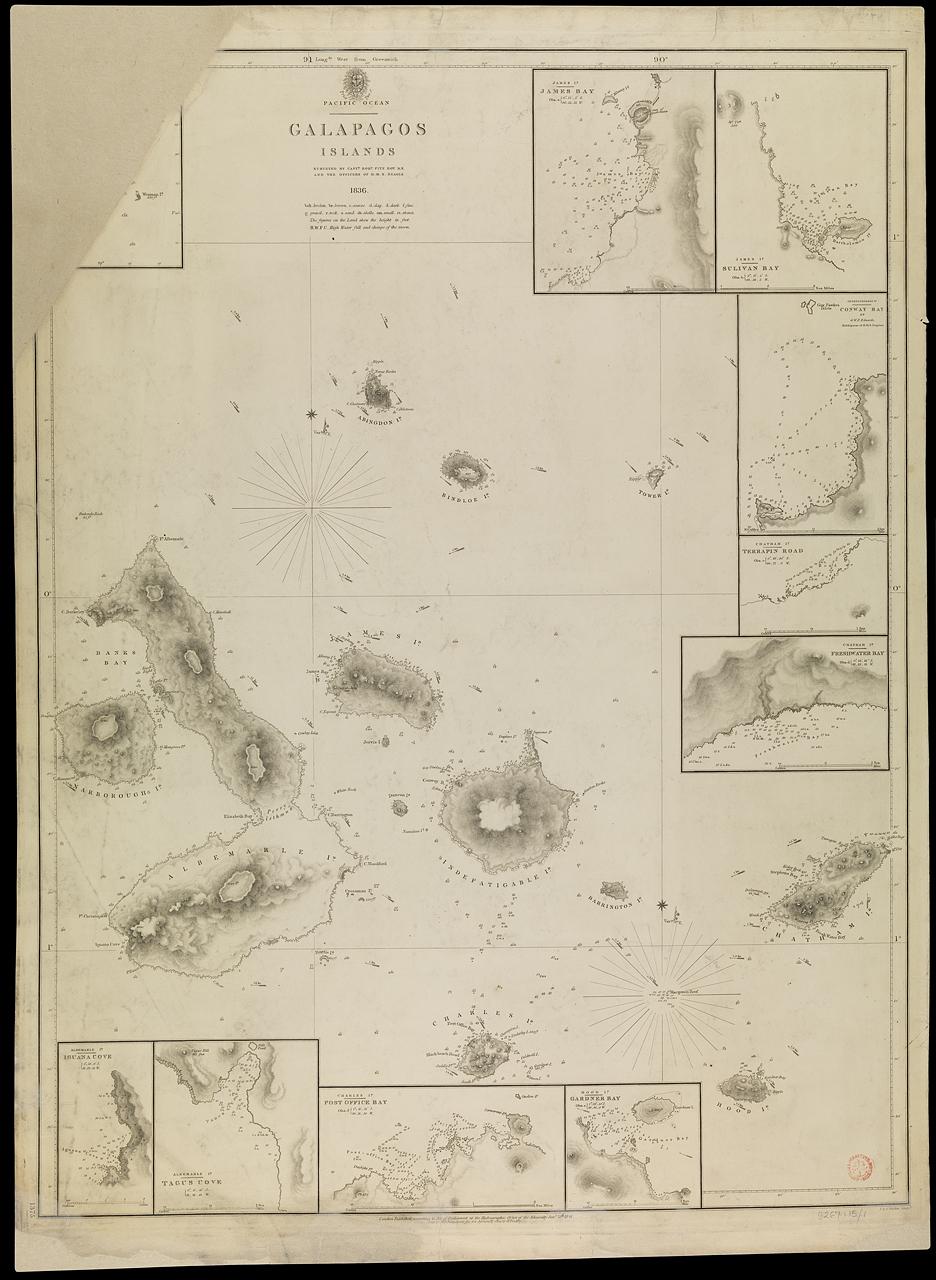 Chart of the Galapagos Islands: This chart was largely surveyed between 15 Sept and 21 Oct 1835, while Charles Darwin was making the observations of different forms of the same species on different islands (© National Maritime Museum)