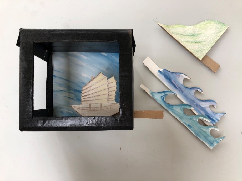 Put it all together A drawn ship can be seen through a cut out window in a cardboard box. To one side are drawings of waves and a cliff