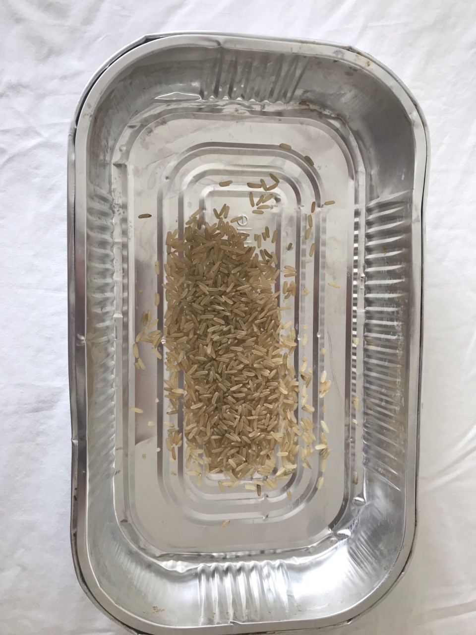 Find a metal tray and add rice. A metal tray with a handful of rice inside.