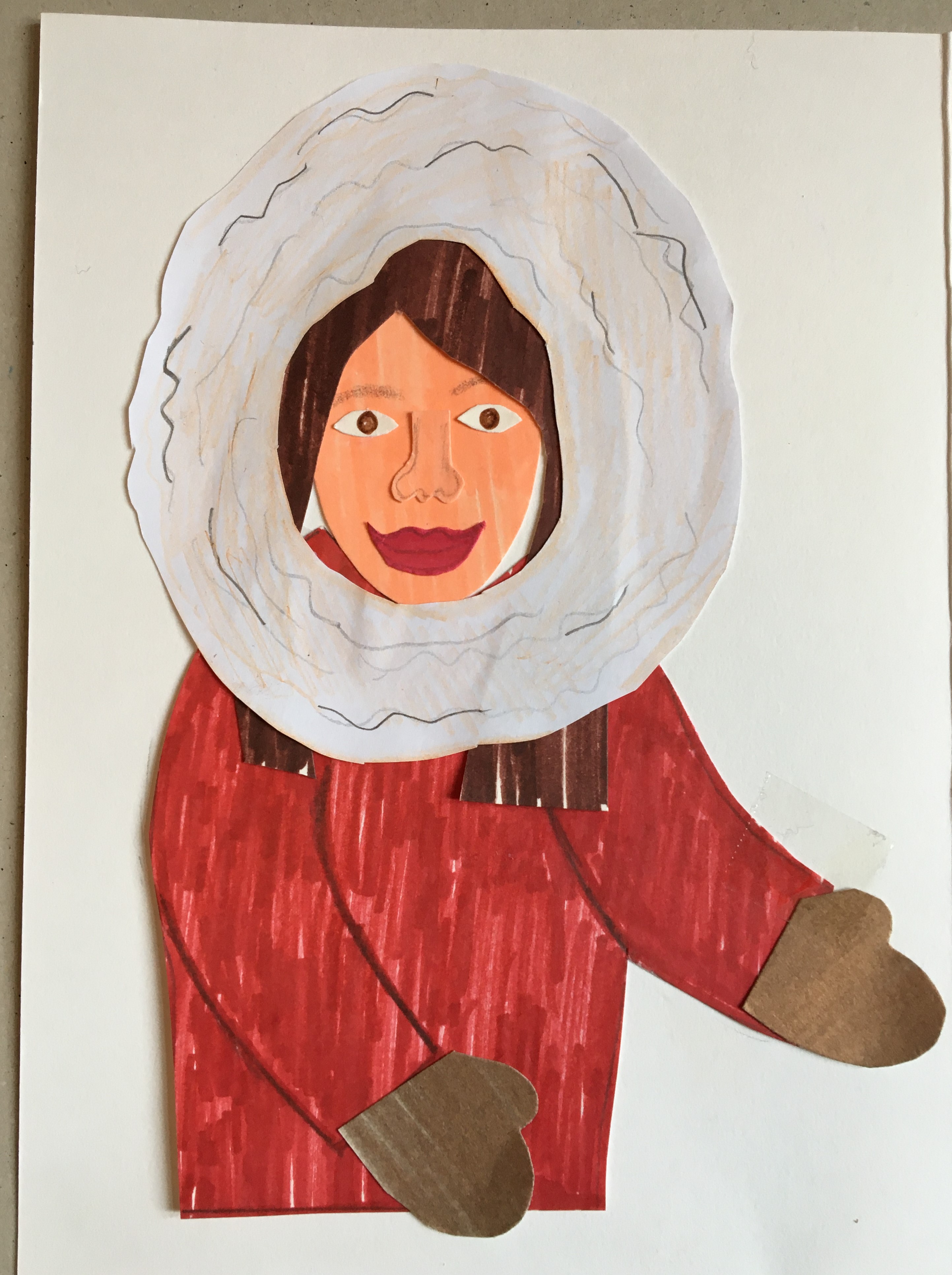 Create your collage self! A collage drawing of a woman in a big red coat with a fluffy white hood.