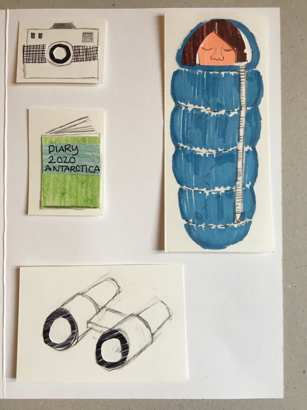 Add drawings to show what you would take with you Drawings of a camera, diary, binoculars and a woman asleep in a sleeping bag
