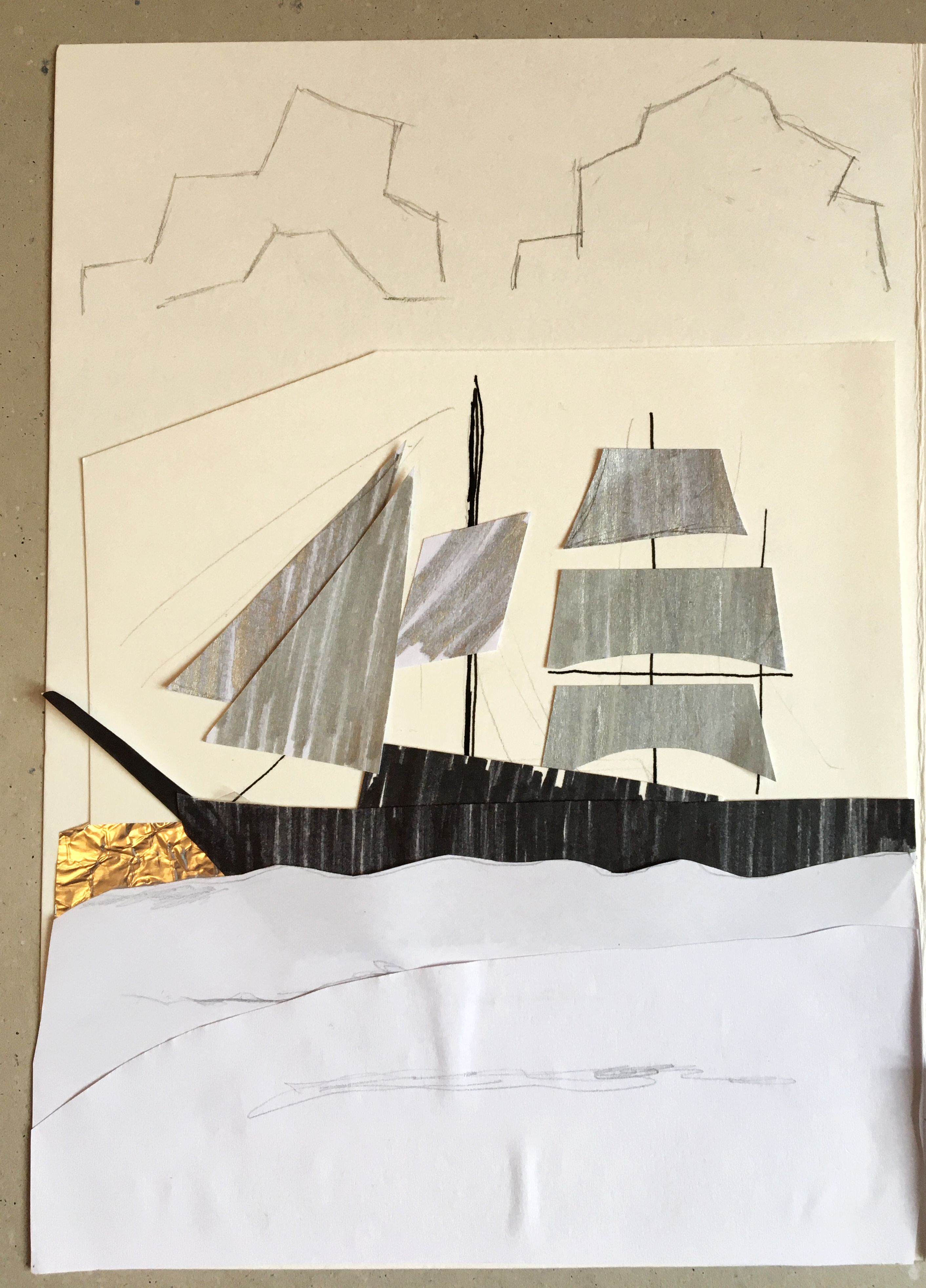 Create a collage of your mode of transport A boat created using collage. The base of the ship has been coloured black and tin foil has been used to create the sails.