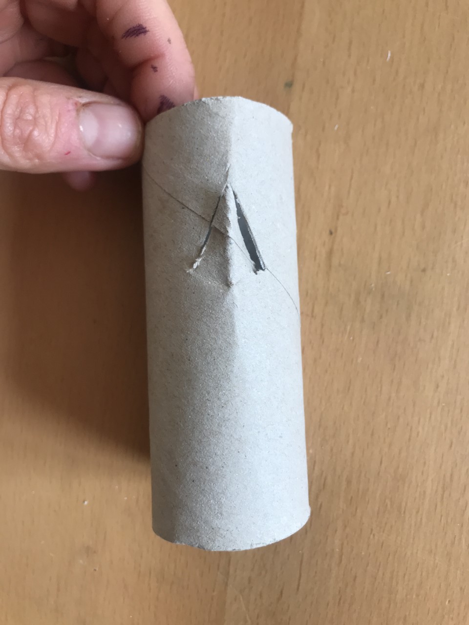 Cut a beak into the tube Someone holds a loo roll tube with a triangular cut in it. The point of the triangular cut is near the top of the tube.