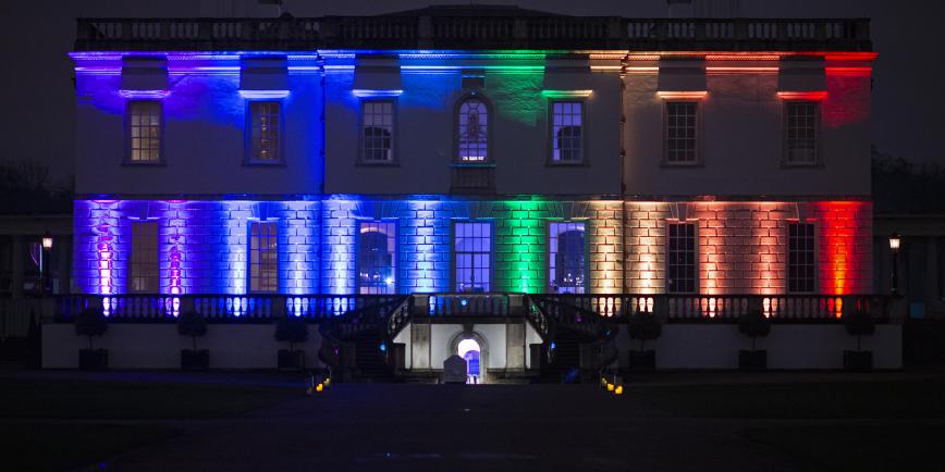 The Queen's House in Greenwich lit up with rainbow lights to mark LGBTQ+ History Month