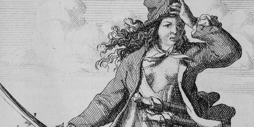 Cropped image of pirate Mary Read holding a sword
