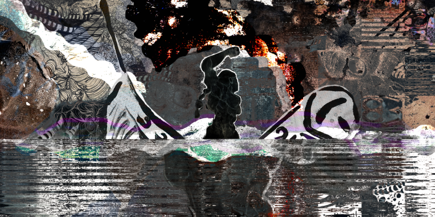 A digital artwork by Deanio X showing a woman with a raised fist amongst a variety of patterns and effects representing the turmoil of and the resistance to the transatlantic slave trade