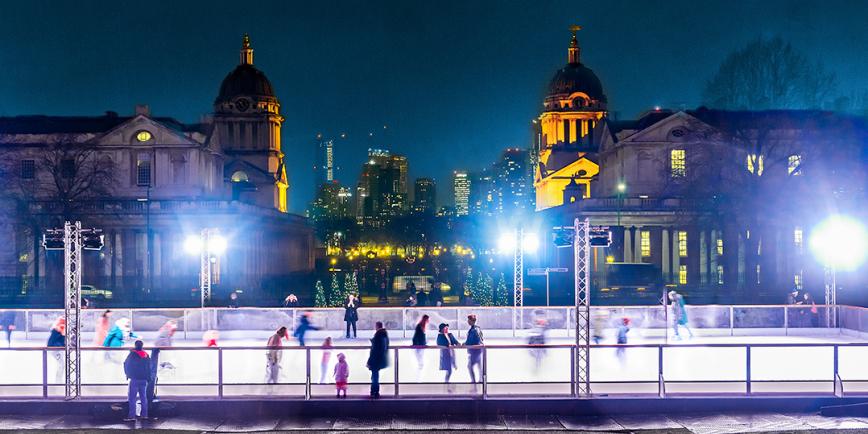 A landscape view of the Queen's House Ice Rink in Greenwich at night