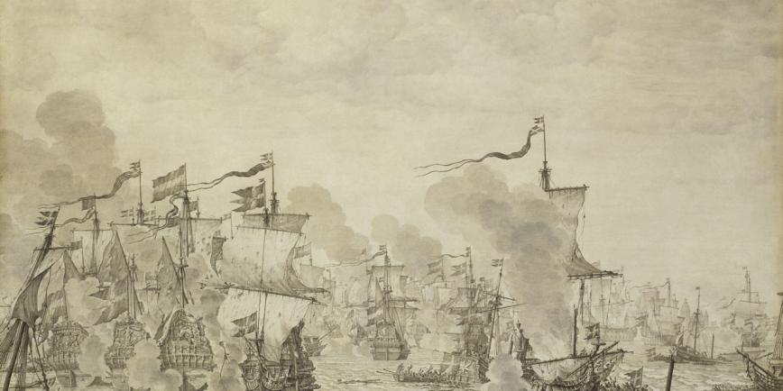 A highly detailed pen drawing of a naval battle, with sailing ships in action in the foreground