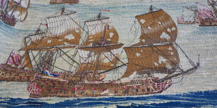 Close up of ship on tapestry
